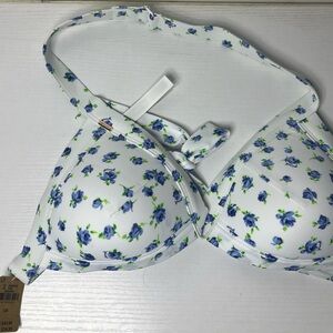 PINK Floral Bikini Top Blue White Rose Print Size Large NWT